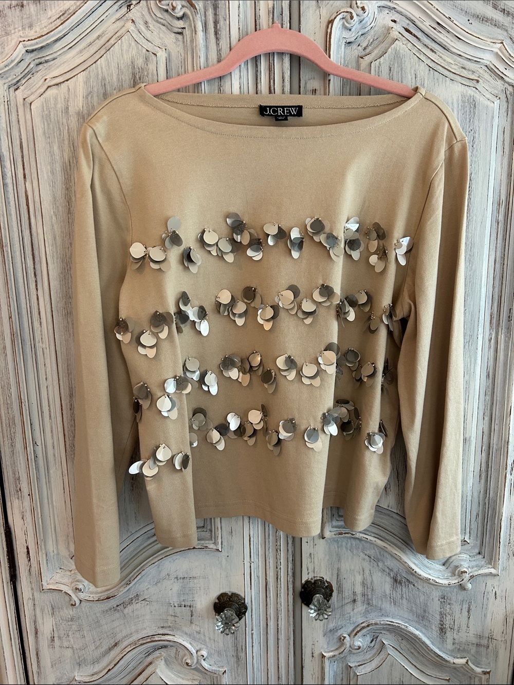 J. Crew Beige Sequin-Embellished Long Sleeve Too